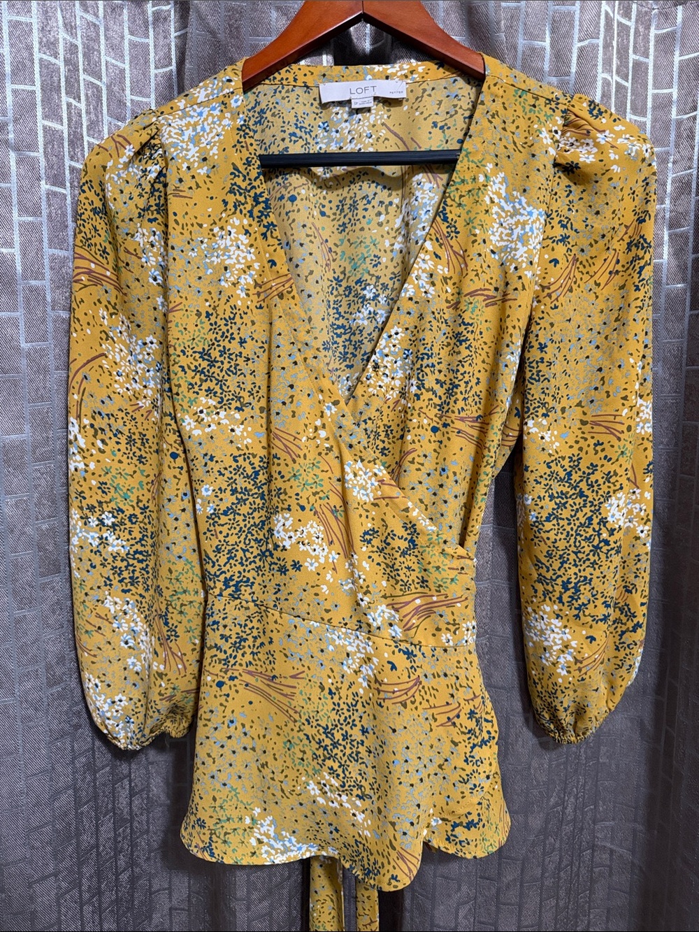 LOFT Mustard Floral Wrap Blouse with Puff Sleeves